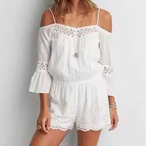 American Eagle Outfitters Eyelet Bell Sleeve White Romper Off Shoulder - SP